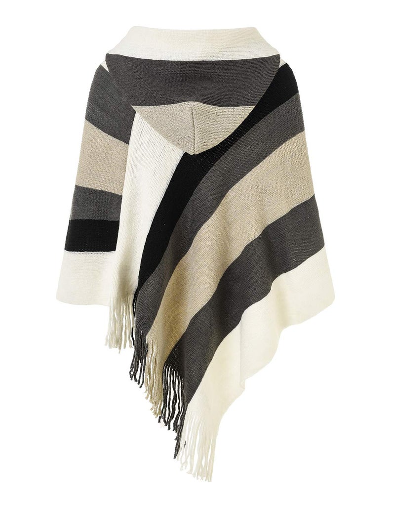 Ferand Women's Striped Poncho Sweater Cozy Knit Fringe Shawl Wraps with Hood for Fall Winter - Image 2